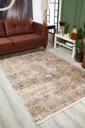 Bej Eskitme Geometrik Desenli Kaymaz Taban Salon Halısı Koridor