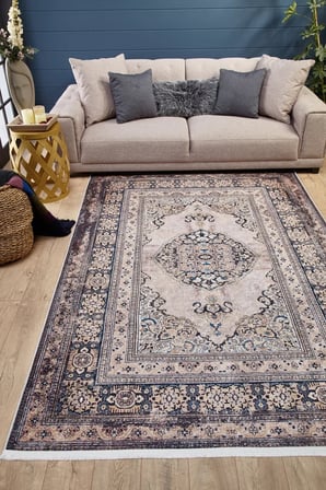 Krem Lacivert Madalyon Desenli Eskitme Salon Halısı Koridor Vintage Stil