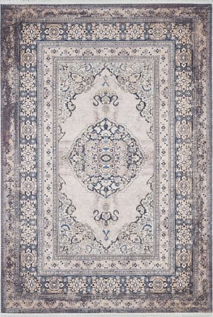 Krem Lacivert Madalyon Desenli Eskitme Salon Halısı Koridor Vintage Stil