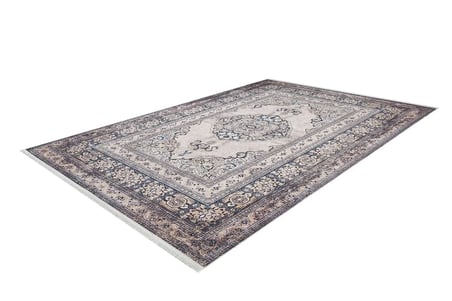 Krem Lacivert Madalyon Desenli Eskitme Salon Halısı Koridor Vintage Stil