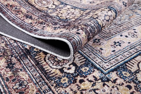 Krem Lacivert Madalyon Desenli Eskitme Salon Halısı Koridor Vintage Stil