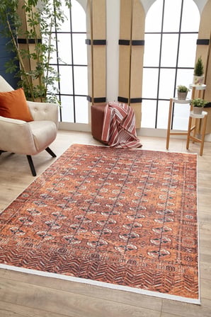 Kırmızı Geometrik Etnik Eskitme Halı Kaymaz Taban Dijital Baskı