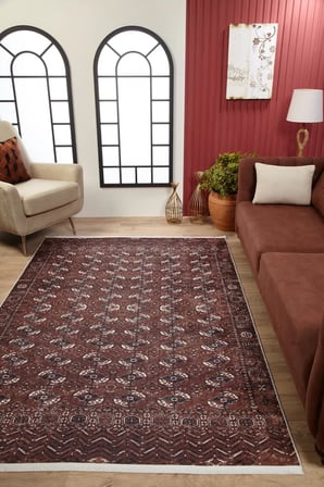 Kahverengi Geometrik Desenli Kaymaz Tabanlı Salon Halısı Koridor