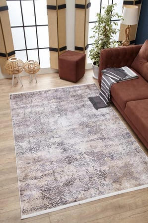 Ekru Antrasit Soyut Desenli Kaymaz Taban Salon Halısı Koridor