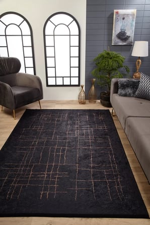 Siyah Modern Geometrik Desenli Kaymaz Tabanlı Salon Halısı Koridor