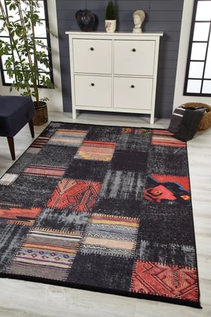 Siyah Patchwork Desenli Salon Halısı Kaymaz Taban Modern Geometrik Koridor