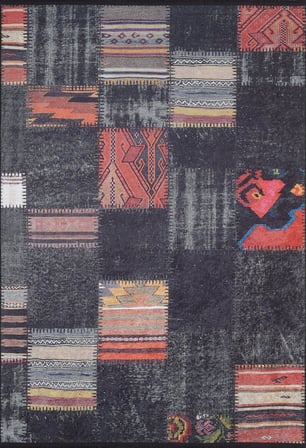 Siyah Patchwork Desenli Salon Halısı Kaymaz Taban Modern Geometrik Koridor