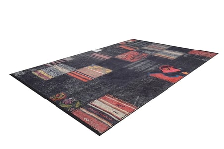 Siyah Patchwork Desenli Salon Halısı Kaymaz Taban Modern Geometrik Koridor