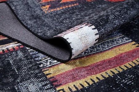 Siyah Patchwork Desenli Salon Halısı Kaymaz Taban Modern Geometrik Koridor