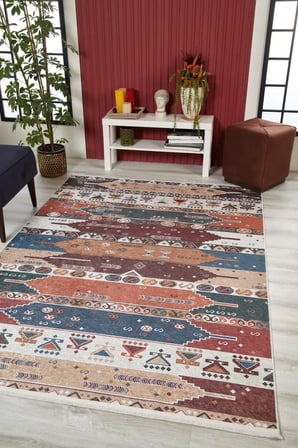 Çok Renkli Etnik Geometrik Dijital Baskı Salon Halısı Kaymaz Tabanlı