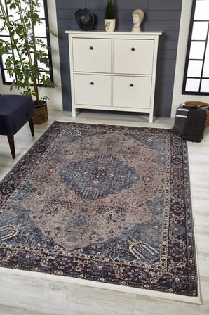 Mavi Eskitme Madalyon Desenli Kaymaz Taban Salon Halısı Koridor