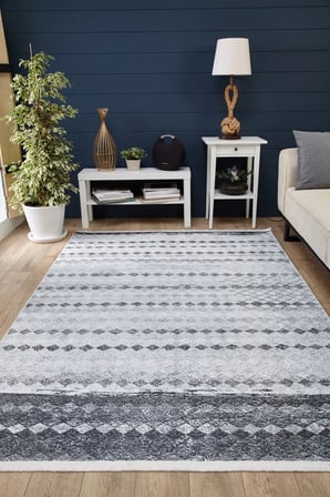 Gri Geometrik Modern Salon Halısı Kaymaz Taban Dijital Baskı