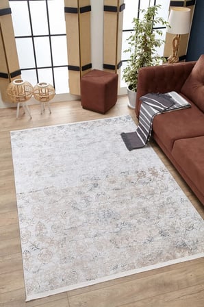 Beyaz Soyut Desenli Eskitme Salon Halısı Kaymaz Taban Koridor