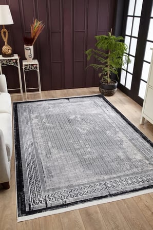 Gri Eskitme Geometrik Desenli Kaymaz Tabanlı Salon Halısı Koridor