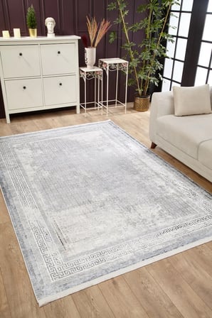 Gri Geometrik Desenli Dijital Baskı Salon Halısı Koridor Eskitme Vintage Model