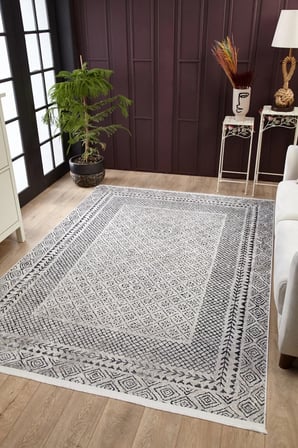 Gri Geometrik Desenli Kaymaz Taban Salon Halısı Dijital Baskı Modern
