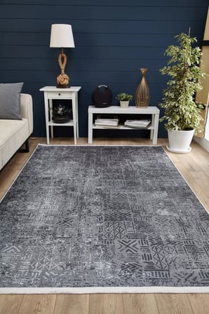 Antrasit Gri Geometrik Dijital Baskı Salon Halısı Kaymaz Taban Koridor