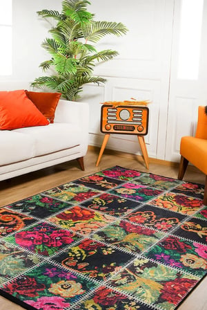 Siyah Patchwork Salon Halısı Dijital Baskı Kaymaz Taban Koridor