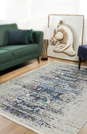Açık Gri Mavi Soyut Desenli Kaymaz Tabanlı Salon Halısı Dijital Baskı