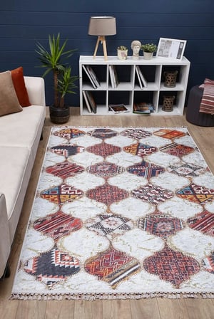 Krem Geometrik Desenli Kaymaz Taban Salon Halısı Koridor Bohem