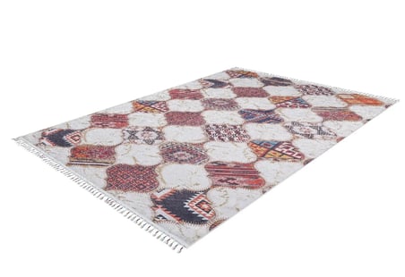 Krem Geometrik Desenli Kaymaz Taban Salon Halısı Koridor Bohem
