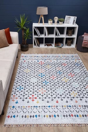 Gri Bohem Geometrik Desenli Kaymaz Taban Salon Halısı Koridor