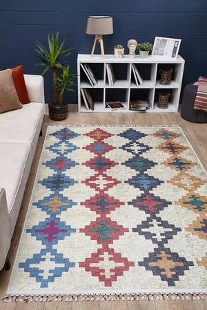 Krem Çok Renkli Geometrik Desenli Dijital Baskılı Kaymaz Tabanlı Salon Halısı Bohem Etnik