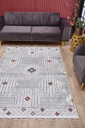 Gri Geometrik Desenli Kaymaz Taban Salon Halısı Koridor Etnik