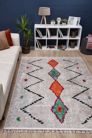Gri Turuncu Geometrik Dijital Baskı Kaymaz Salon Halısı Koridor