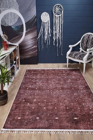 Bordo Etnik Geometrik Desenli Salon Halısı Kaymaz Taban Koridor