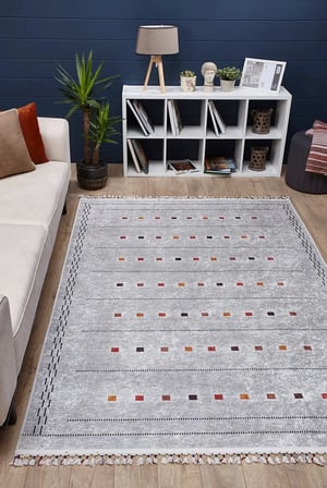 Gri Modern Geometrik Desenli Kaymaz Tabanlı Salon Halısı Koridor