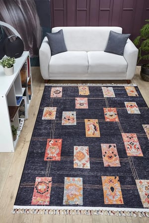 Lacivert Geometrik Desenli Kaymaz Tabanlı Salon Halısı Koridor