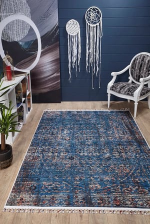 Eskitme Vintage Desenli Dijital Baskı Lacivert Mavi Salon Halısı Koridor