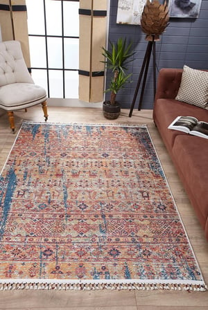 Turuncu Eskitme Salon Halısı Geometrik Etnik Tasarım Koridor