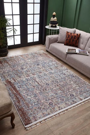 Ekru Çok Renkli Etnik Desenli Eskitme Salon Halısı Koridor Vintage Stil