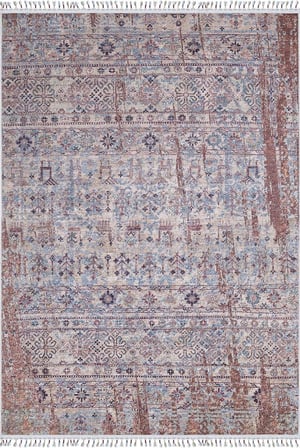 Ekru Çok Renkli Etnik Desenli Eskitme Salon Halısı Koridor Vintage Stil