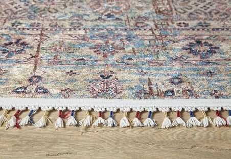 Ekru Çok Renkli Etnik Desenli Eskitme Salon Halısı Koridor Vintage Stil