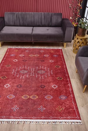 Kırmızı Etnik Geometrik Desenli Kaymaz Tabanlı Salon Halısı Koridor Eskitme