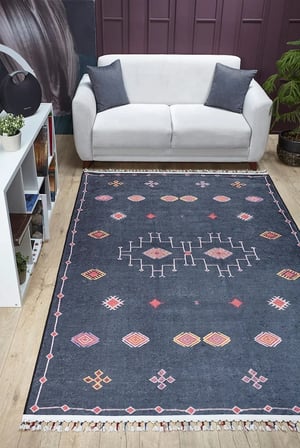 Antrasit Gri Geometrik Desenli Salon Halısı Dijital Baskı Koridor