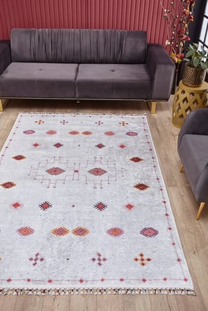 Gri Etnik Geometrik Salon Halısı Dijital Baskı Kaymaz Koridor