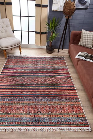 Kırmızı Etnik Desenli Kaymaz Taban Salon Halısı Dijital Baskı Koridor Vintage