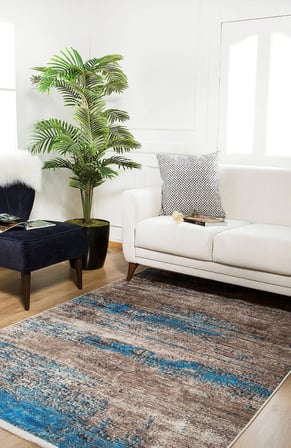 Vizon Kahve Mavi Soyut Desenli Dijital Baskı Kaymaz Tabanlı Salon Halısı