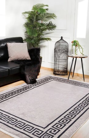 Gri Geometrik Desenli Dijital Baskı Kaymaz Tabanlı Salon Halısı