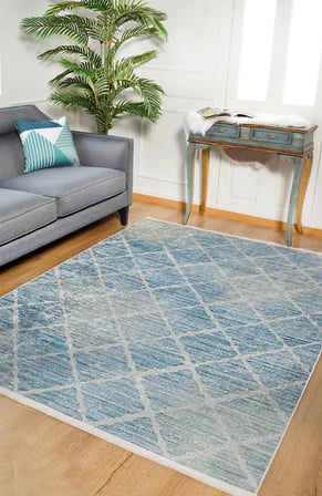 Mavi Geometrik Desenli Dijital Baskı Kaymaz Tabanlı Modern Salon Halısı