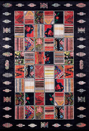 Siyah Patchwork Desenli Kaymaz Taban Salon Halısı Koridor Bohem