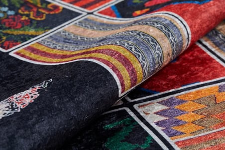 Siyah Patchwork Desenli Kaymaz Taban Salon Halısı Koridor Bohem