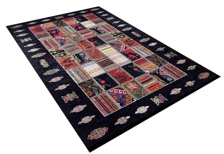 Siyah Patchwork Desenli Kaymaz Taban Salon Halısı Koridor Bohem