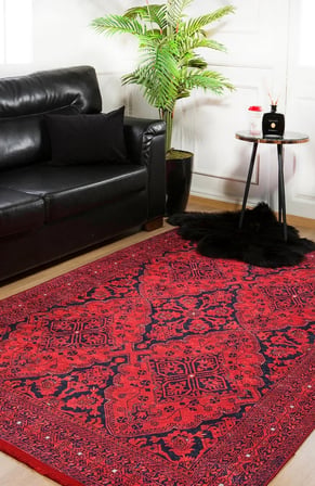 Kırmızı Klasik Madalyon Desenli Dijital Baskı Salon Halısı Koridor