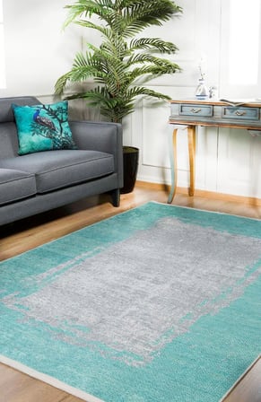 Turkuaz Gri Soyut Desenli Dijital Baskı Kaymaz Tabanlı Modern Salon Halısı
