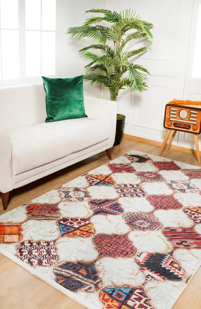 Ekru Patchwork Desenli Kaymaz Taban Salon Halısı Koridor Bohem Stil